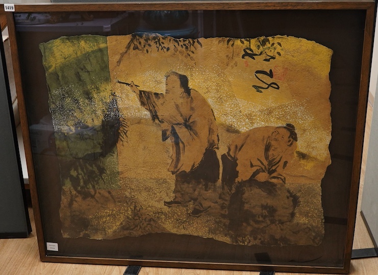 A large Japanese hand painted panel depicting figures before a landscape, framed